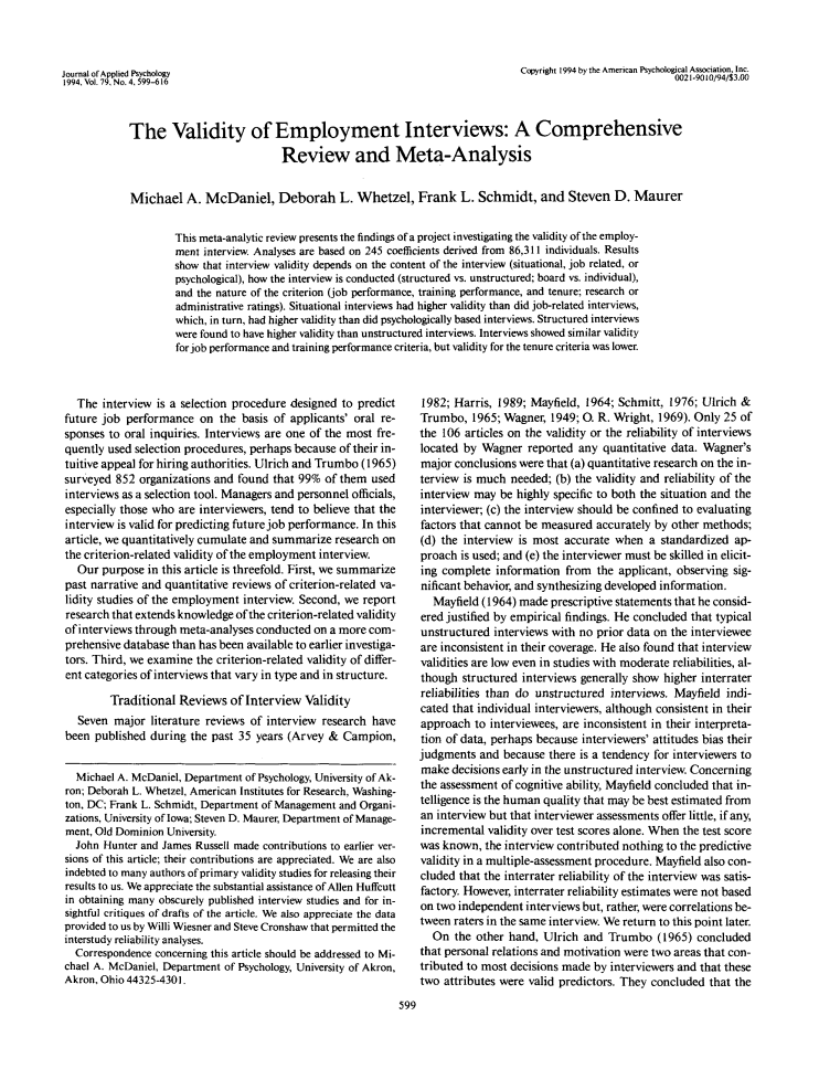 McDaniel et al. (1994) — The Validity of Employment Interviews